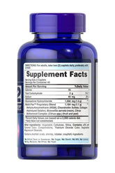 Puritan's Pride Triple Strength Glucosamine, Chondroitin & MSM supplement facts label on blue bottle.